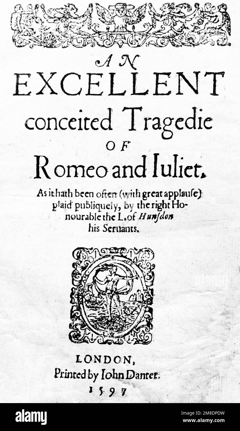 ROMEO UND JULIA Titelseite der ersten Ausgabe von Shakespeares Stück 1597 Stockfoto