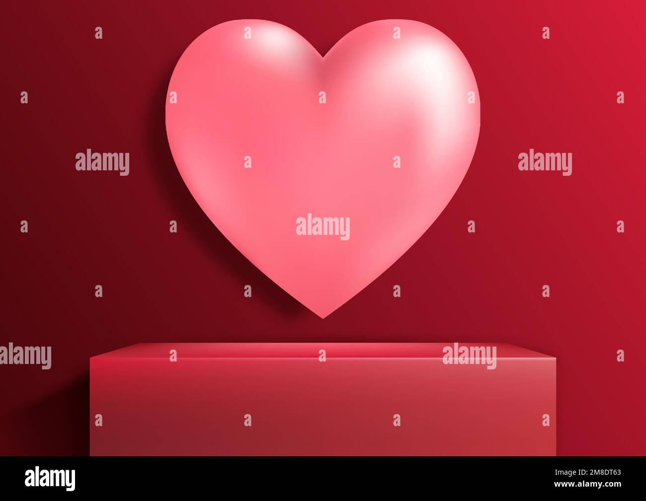 Happy valentine Day 3D realistische rote Podiumplattform mit rosa Herzen auf rotem Hintergrund. Sie können für Produktdarstellungsmodelle für Liebhaber verwenden. Vektorillus Stock Vektor
