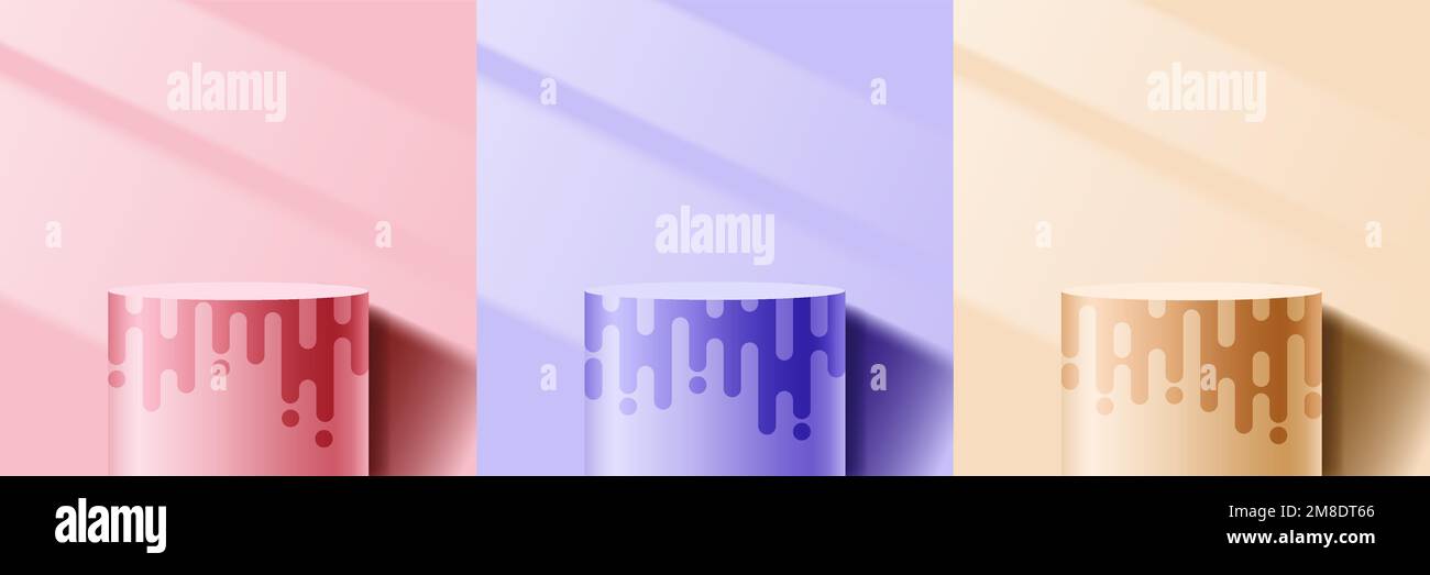 Set in Pink, Gelb und Lila, 3D-Zylinder-Podium-Standfuß-Dekoration abgerundete Linien, Tafelmuster mit Beleuchtung der Fenster bei minimaler Wandszene Stock Vektor