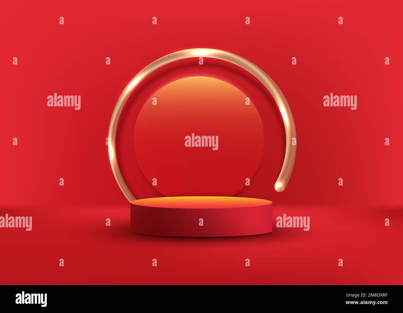 3D realistisch elegantes rotes Trommelpodium oder Standfuß mit goldfarbenem runden Hintergrund auf rotem Hintergrund moderner Luxus minimalistischer Stil. Produktdis Stock Vektor