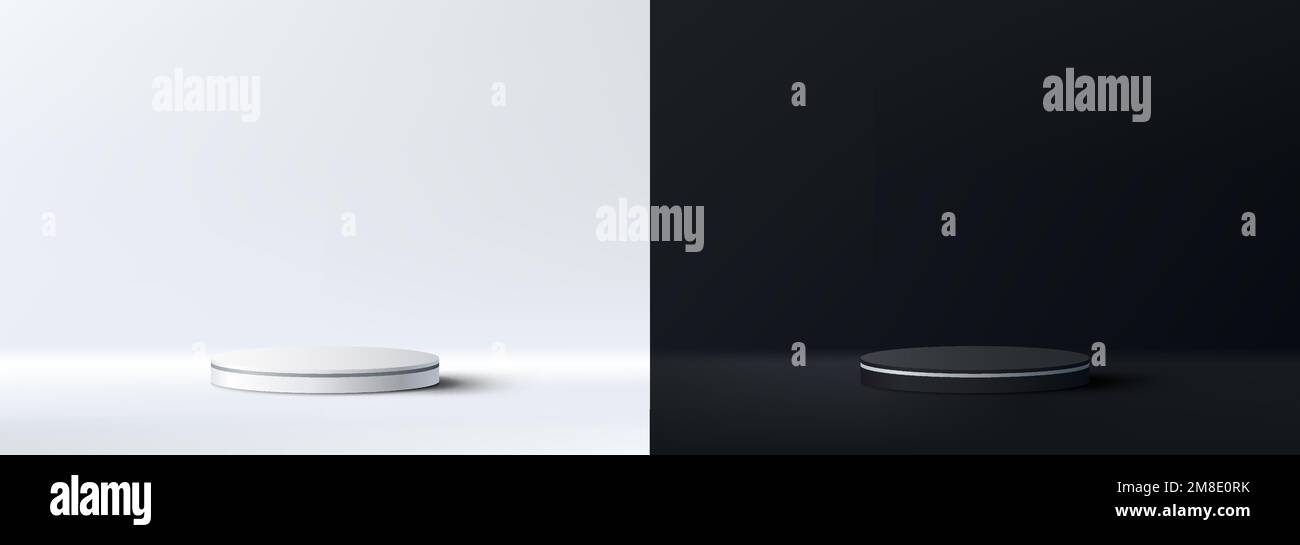 Set mit 3D realistischen, eleganten weißen und schwarzen Trommelpodiumständern minimalistische Wandszene auf klarem und dunklem Hintergrund luxuriöser Stil. Produktanzeige für CO Stock Vektor