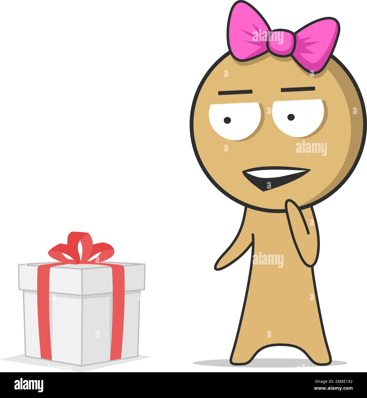 Das Mädchen steht fröhlich vor einem Geschenk Stock Vektor