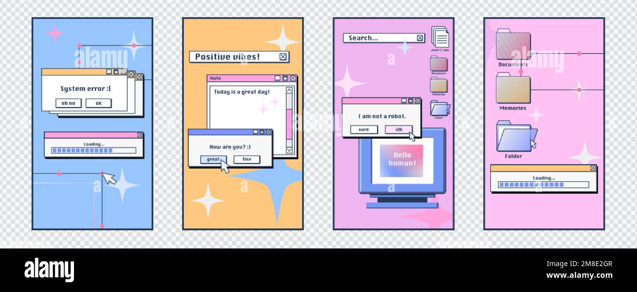 Vorlage für Poster in sozialen Medien mit Retro-Desktop-PC-Schnittstelle mit Nachrichtenrahmen, Ladebalken, Schaltflächen und Ordnern. Alte pc-Bildschirmlayouts, vec Stock Vektor