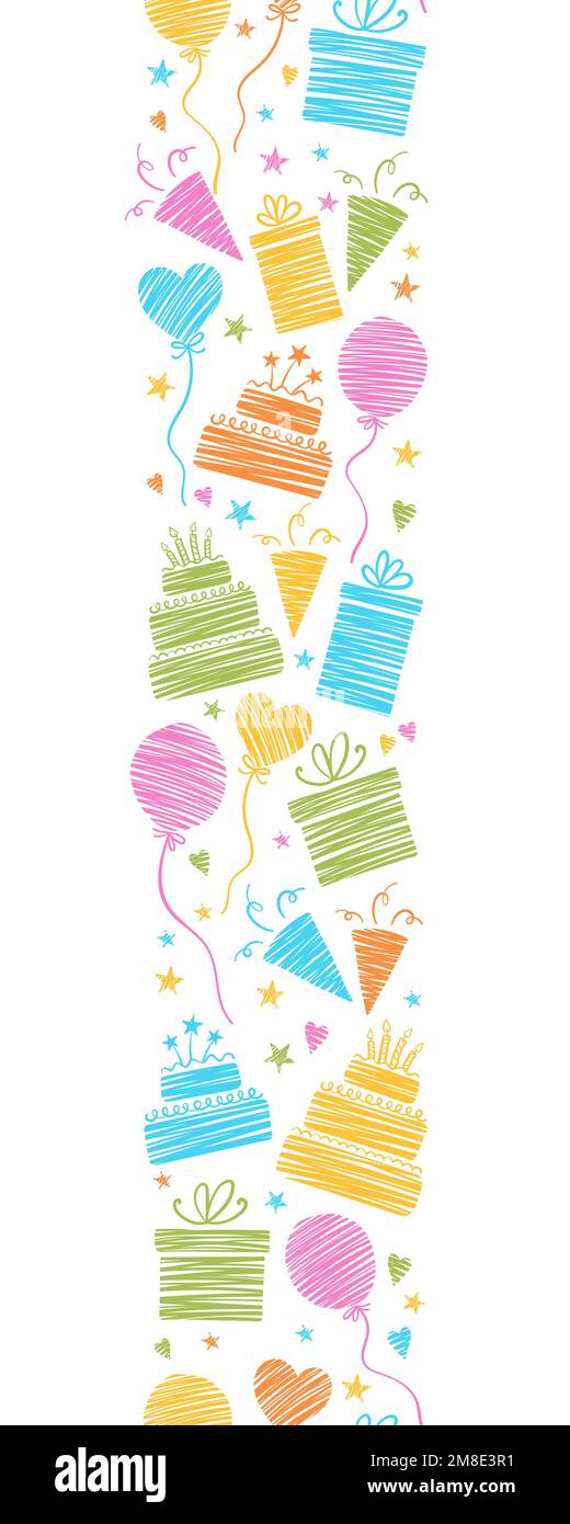 Fun handgezeichnete Partei nahtlose Hintergrund mit Kuchen, Geschenkboxen, Luftballons und Party-Dekoration. Ideal für Geburtstagsfeiern, Textilien, Banner, Wallpap Stock Vektor