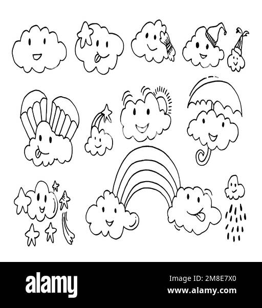Symbole für Kawaii-Wettervorhersagen. Witzige, von Hand gezeichnete Vektorwolken.Vektordarstellung. Stock Vektor