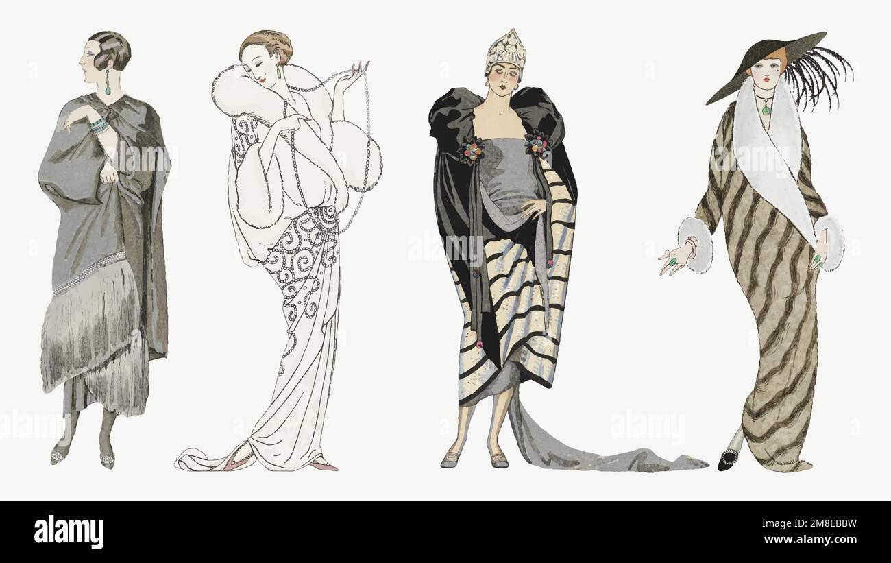 1920er Jahre Frauen &#39;s Mode Vektor Winter Mantel Set, Remix aus Werken von George Barbier Stock Vektor
