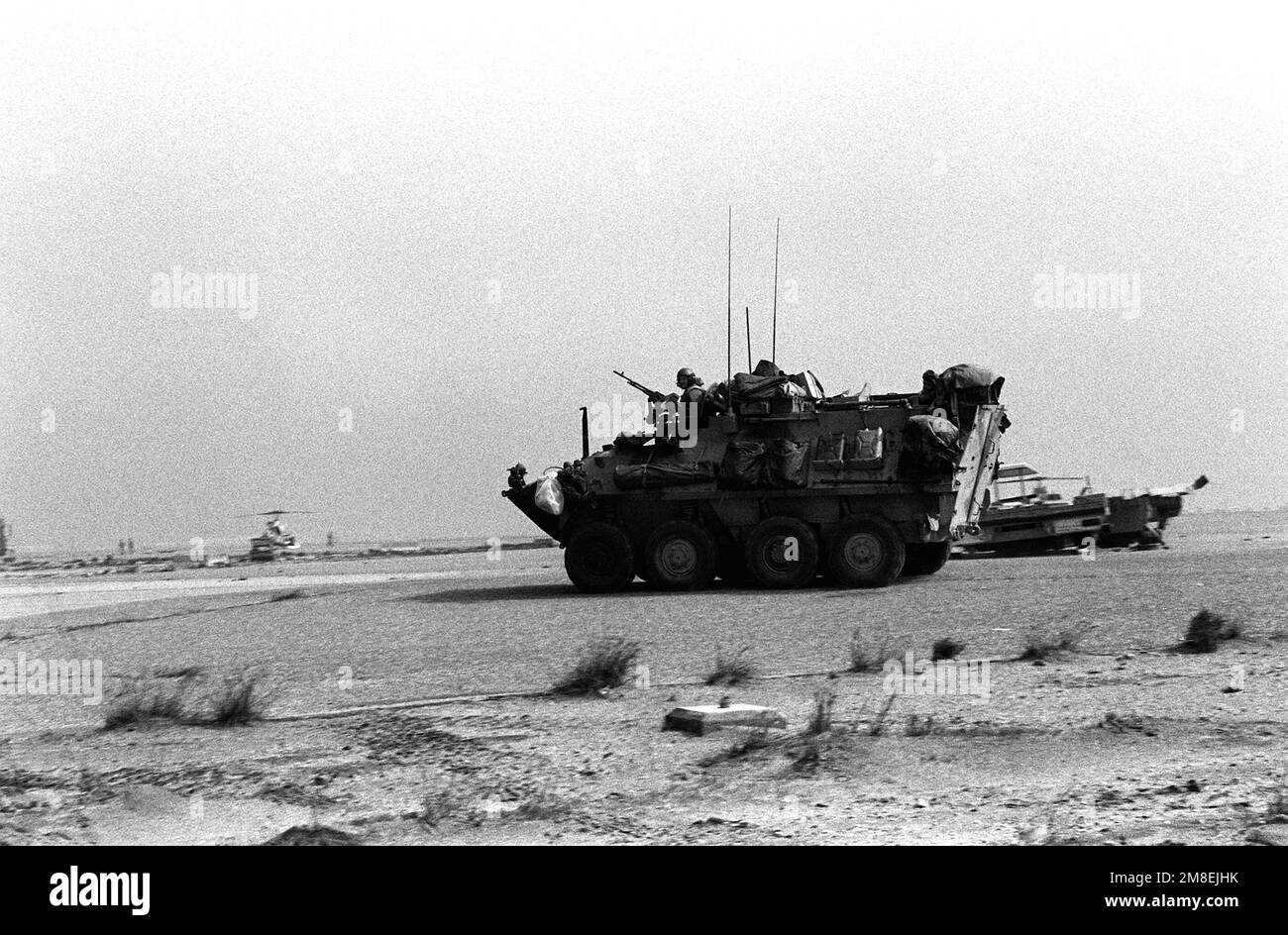 Ein leichtes gepanzertes Marine Corps LAV-25-Fahrzeug rollt nach dem Abzug der irakischen Truppen während der Operation Desert Storm an einer Wüstenlandungszone vorbei. Betreff Betrieb/Serie: WÜSTENSTURMLAND: Kuwait (KWT) Stockfoto