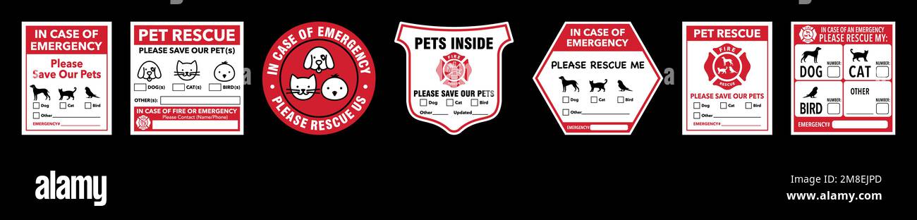 Notfall-Tier-Rettungs-Tag-Vektorset. Feuer- und Notfallwarnungen zum Schutz von Haustieren. Stock Vektor