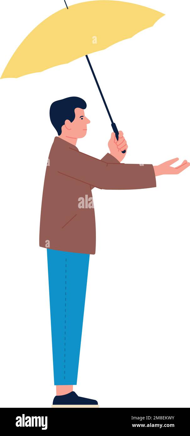 Ein Mann hält einen gelben Regenschirm. Regentag-Charakter Stock Vektor