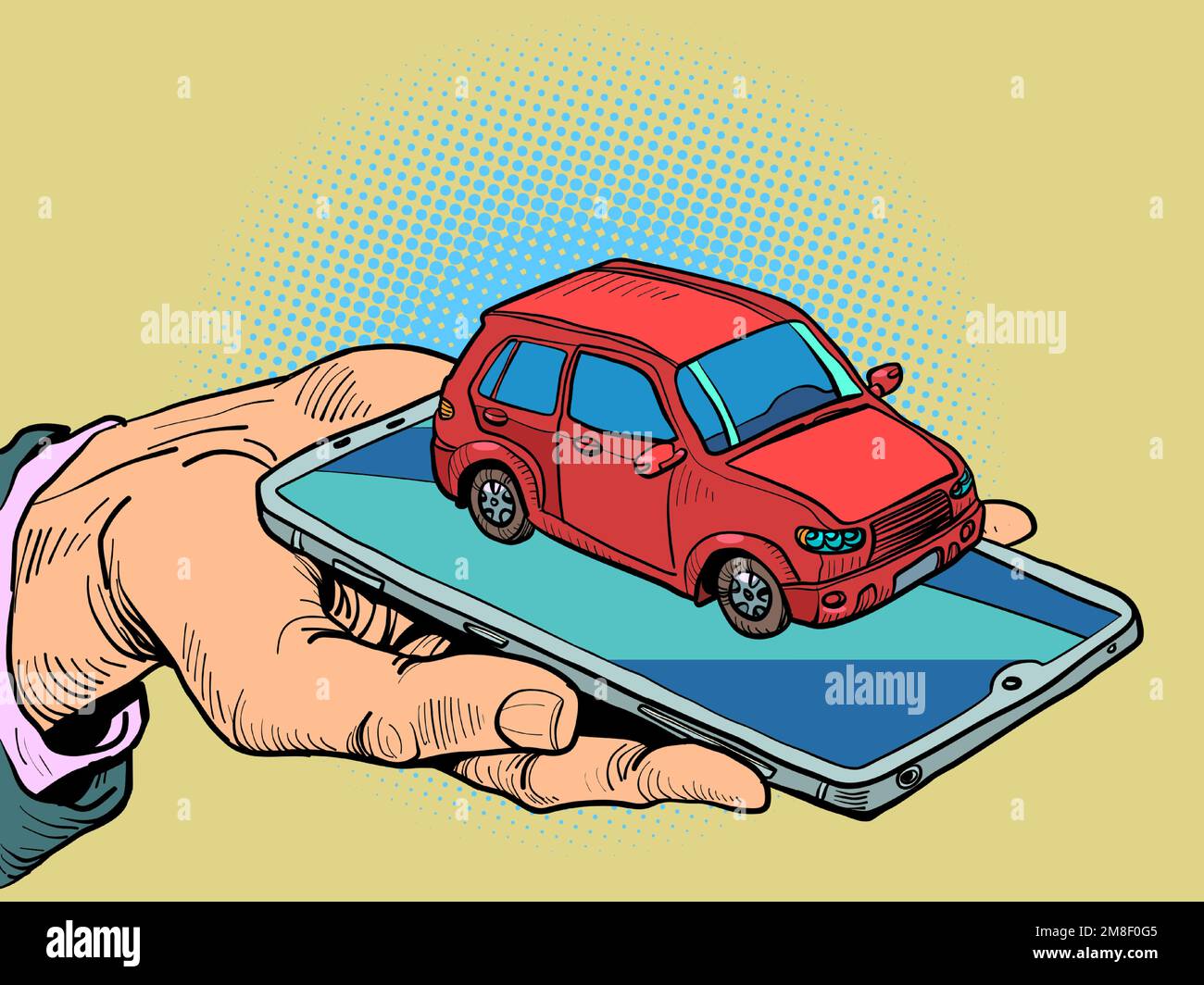 Technologie liegt in unseren Händen. Smartphone-Steuerung. Telefon in der Hand. Geschäftsmann mit Smartphone. Autosteuerung auf Ihrem Telefon. Rotes Auto. Stock Vektor