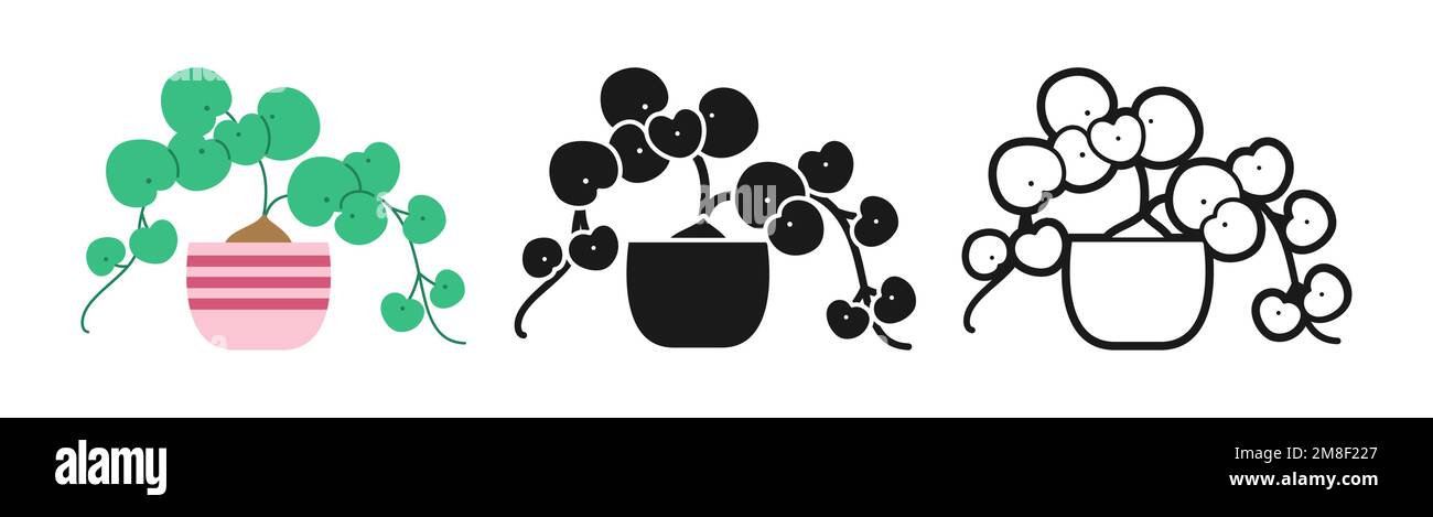 Zimmerpflanze im Topf, dekoratives gemütliches Cartoon-Set. Blumentopf für den Innenbereich. Botanische Keramikkollektion mit Topfkeramik, Doodle, Line Icon oder Stempel im Silhouettenstil. Isolierter flacher Vektor Stock Vektor