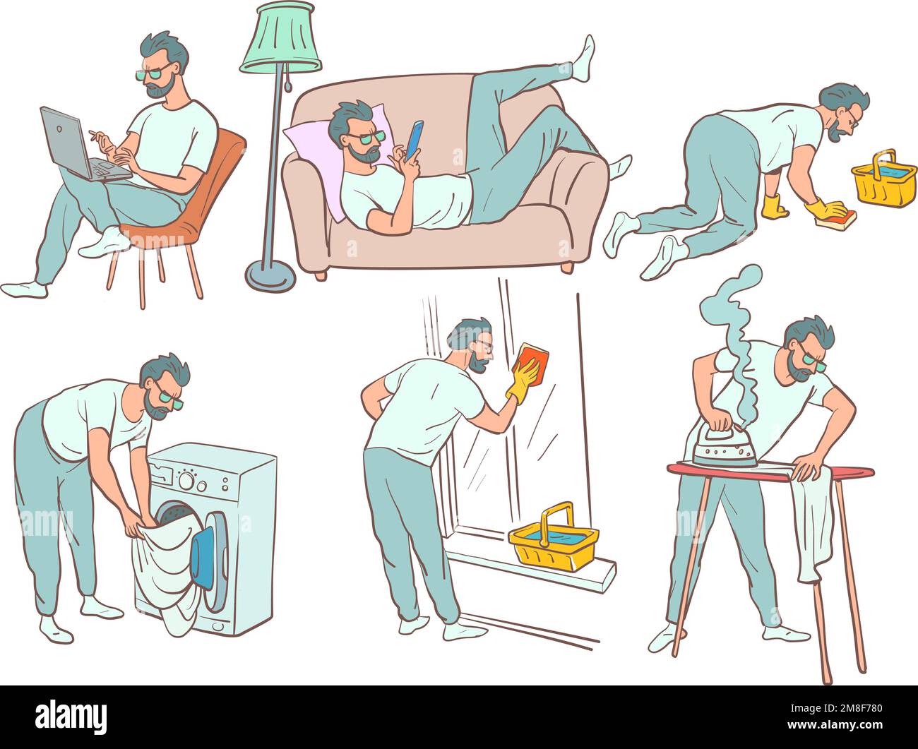Der Mann macht Hausarbeiten. Arbeiten an einem Laptop. Er ruht sich auf dem Sofa aus. Wäscht den Boden. Wäsche waschen in einer Waschmaschine. Wäscht Fenster Stock Vektor