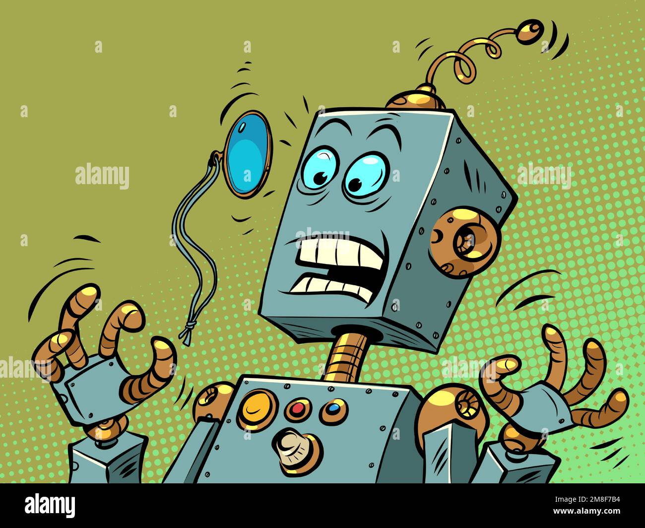 Ein überraschter Roboter mit einem Monokel. Nachrichten menschliche Emotionen. Gesichtsgläser Stock Vektor