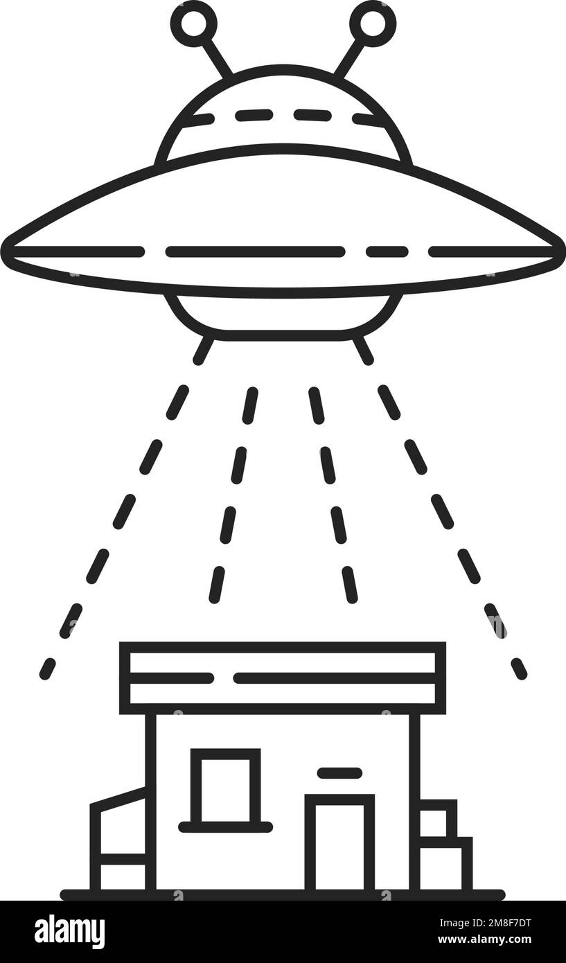 Dünnes schwarzes ufo mit Haus Stock Vektor