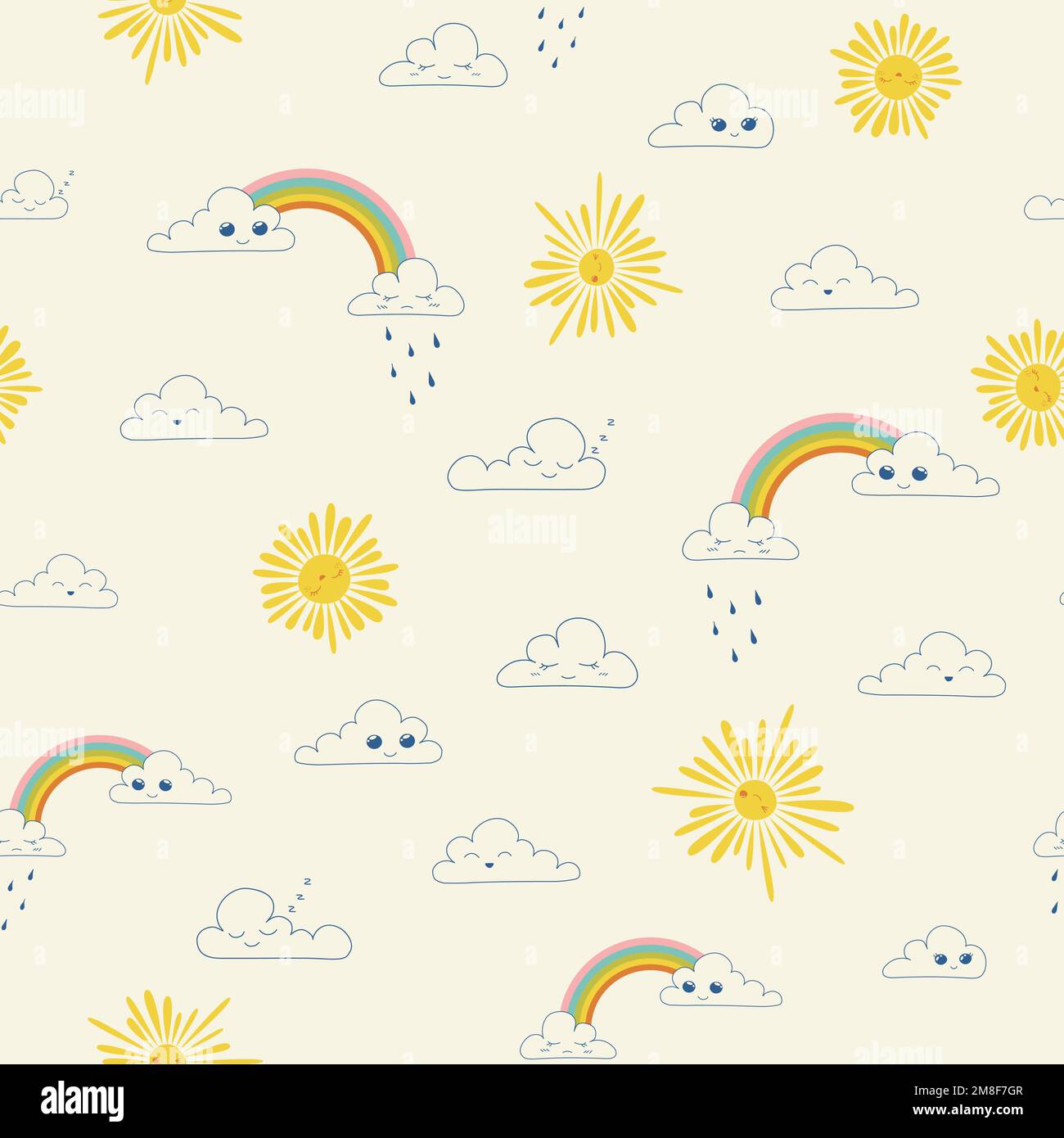 Nahtloses Vektormuster mit niedlichem Regenbogen, Kawaii-Wolke und Sonne. Vektordarstellung Stock Vektor