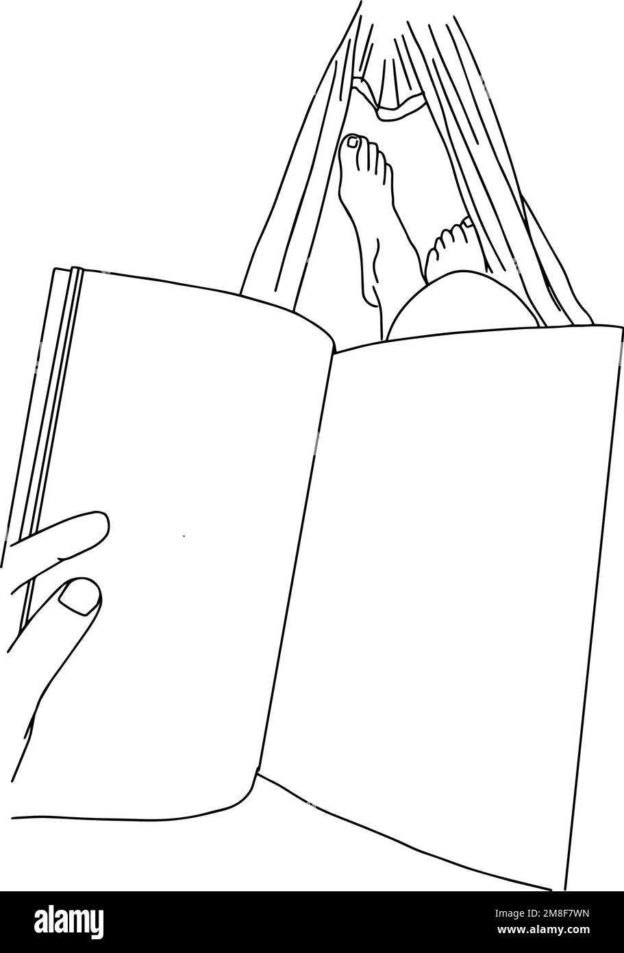 Skizzieren Sie die Entspannung mit einem Buch auf einer Hängematte Stock Vektor