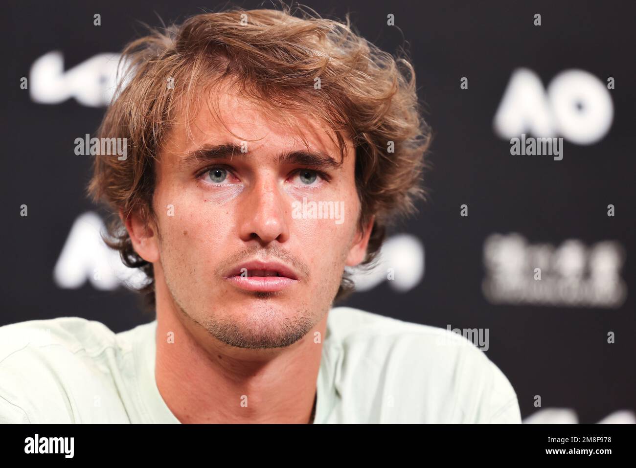 Melbourne, Australien. 14. Januar 2023. Tennis: Vor Beginn der Australian Open; Grand Slam: Alexander Zverev aus Deutschland spricht während einer Pressekonferenz. Die Australian Open findet vom 16.1.2023. Bis zum 30,1.2023. Statt. Kredit: Frank Molter/dpa/Alamy Live News Stockfoto