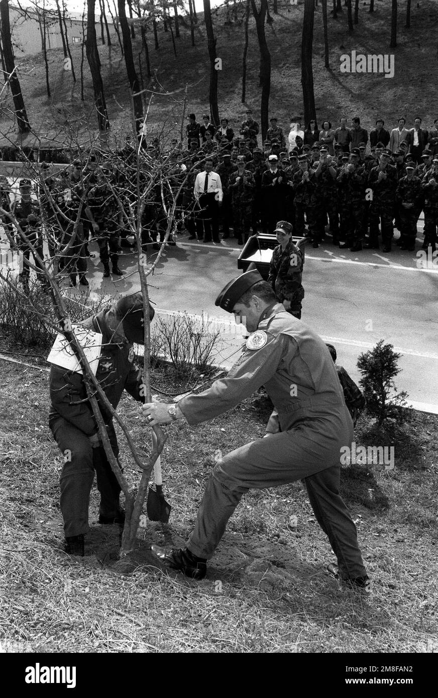 Militärpersonal und Zivilisten stehen neben LGEN Kun Hae Cho, dem Befehlshaber der koreanischen Komponente des Air Component Command, Left, und LGEN Ronald Fogelman, Befehlshaber der 7. Luftwaffe, und Pflanzen während der koreanischen Feier des Arbor Day einen Baum. Ein Baum ist ein Symbol für das zukünftige Wachstum und die Entwicklung des Landes. Basis: Songtan-Stadt Land: Republik Korea (KOR) Stockfoto