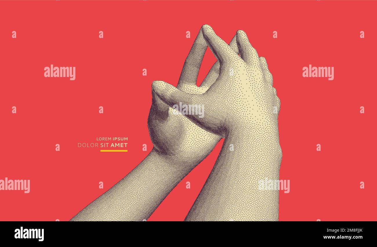 Hände mit gesteppten Fingern. Körpersprache des Mannes für Selbstvertrauen und Selbstwertgefühl. Symbolisch für Einheit und Harmonie. 3D-Vektordarstellung. Kann für verwendet werden Stock Vektor