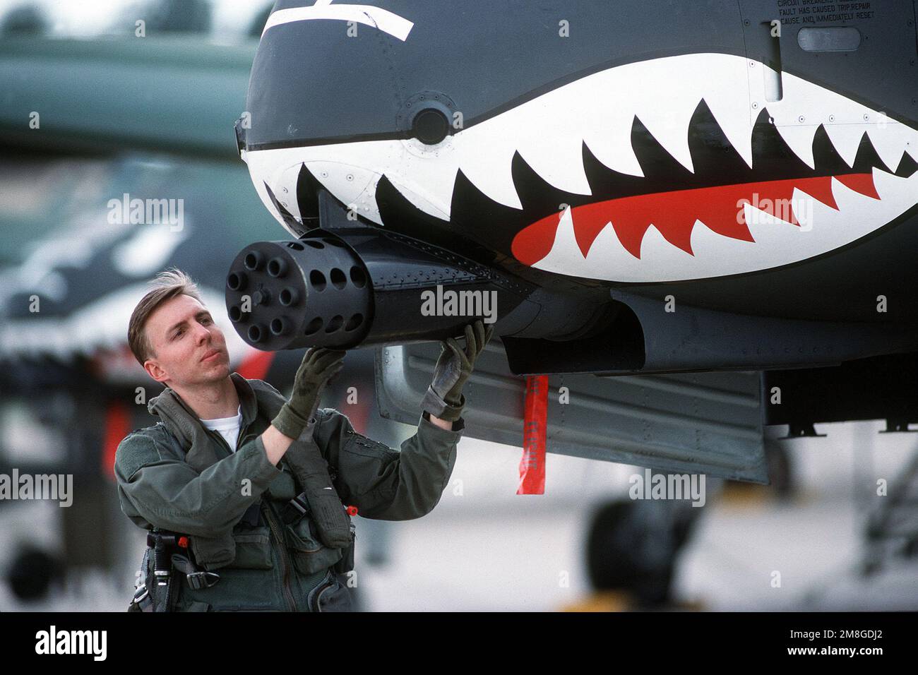 HAUPTMANN. Todd Sheehy, 75. Kampfgeschwader, inspiziert die GAU-8A 30mm-Waffe in einem A-10A Thunderbolt II-Flugzeug. Das Geschwader wurde kürzlich im 23. Flügel aktiviert, um die Militäroperationen in Fort Bragg zu unterstützen. Basis: Luftwaffenstützpunkt Pope Bundesstaat: North Carolina (NC) Land: Vereinigte Staaten von Amerika (USA) Stockfoto