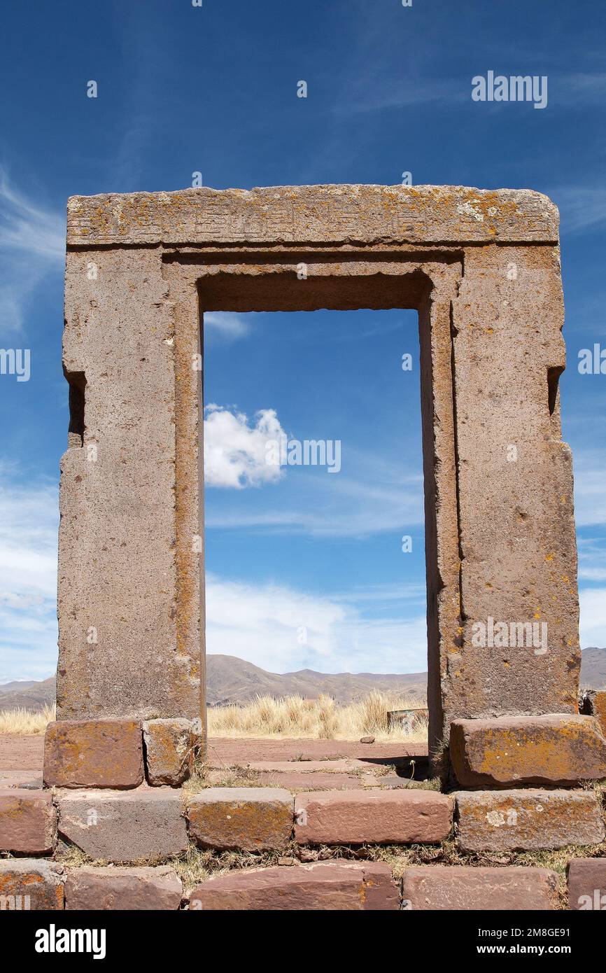 Steintor am Kalasayaya-Tempel, Tiahuanaco, Bolivien Stockfoto
