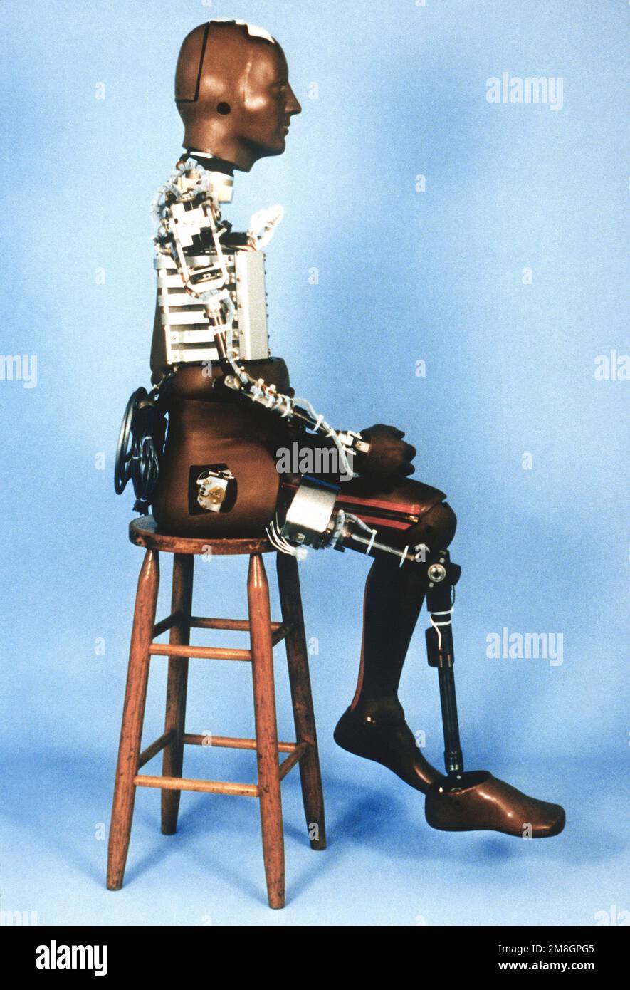 Advanced Dynamic Anthropomorphic Manikin (ADAM) stellt die neuesten Fortschritte in der Air Force-Technologie dar, die in Stoß- und Abwurftests zum Einsatz kommt. ADAM wird von Systems Research Laboratories, Inc. Entworfen und fährt mit einem MASE-Gerät (MASE = raketengetriebener multiaxialer Sitzauswurf), aus dem die Prüfpuppe herausgeschleudert wird, um Verletzungen von Piloten vorherzusagen und zu verhindern, die aus dem Flugzeug herausgeschleudert werden. Basis: Luftwaffenstützpunkt Holloman Bundesstaat: New Mexico(NM) Land: Vereinigte Staaten von Amerika(USA) Stockfoto
