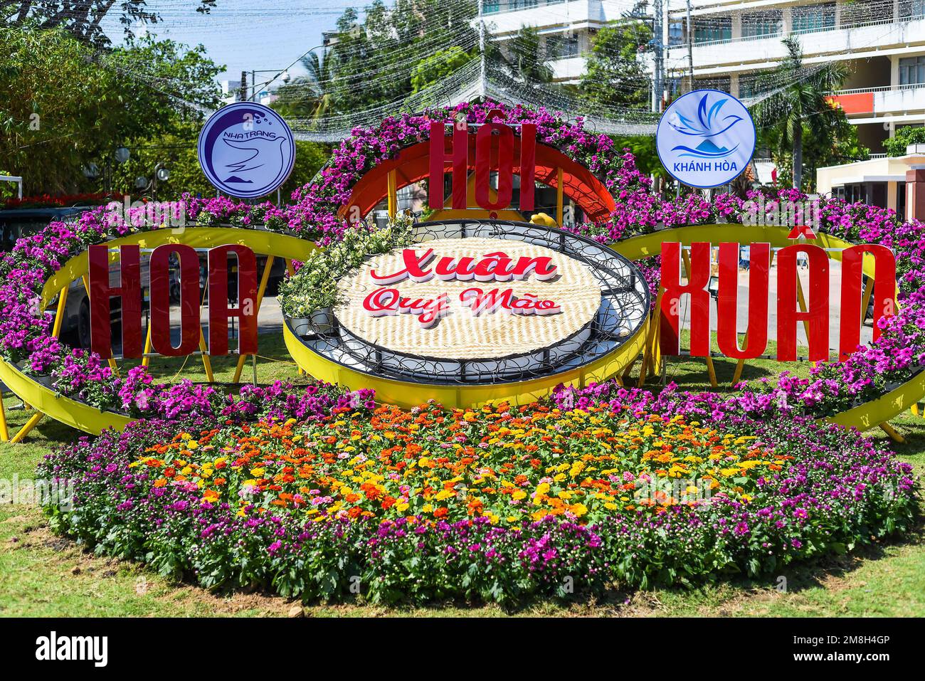 Nha Trang, Vietnam - 13. Januar 2023: Dekoration und Blumen für das Tet-Lunar-Neujahr Stockfoto