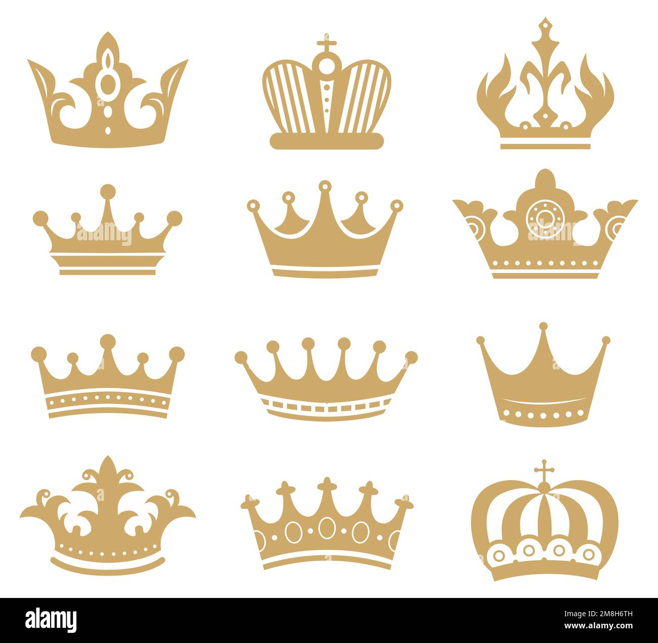 Goldene Kronensilhouette. Königliche King- und Queen-Elemente isoliert auf Weiß. Monarch-Schmuck, Diadem oder Diadem für die Prinzessin Stock Vektor