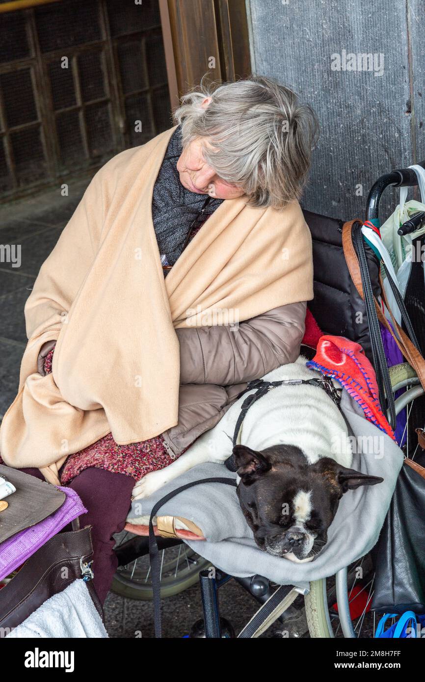 Obdachlose, die am Eingang zum Brüsseler Hauptbahnhof einschlafen, begleitet von ihrem schlafenden Hund. Stockfoto