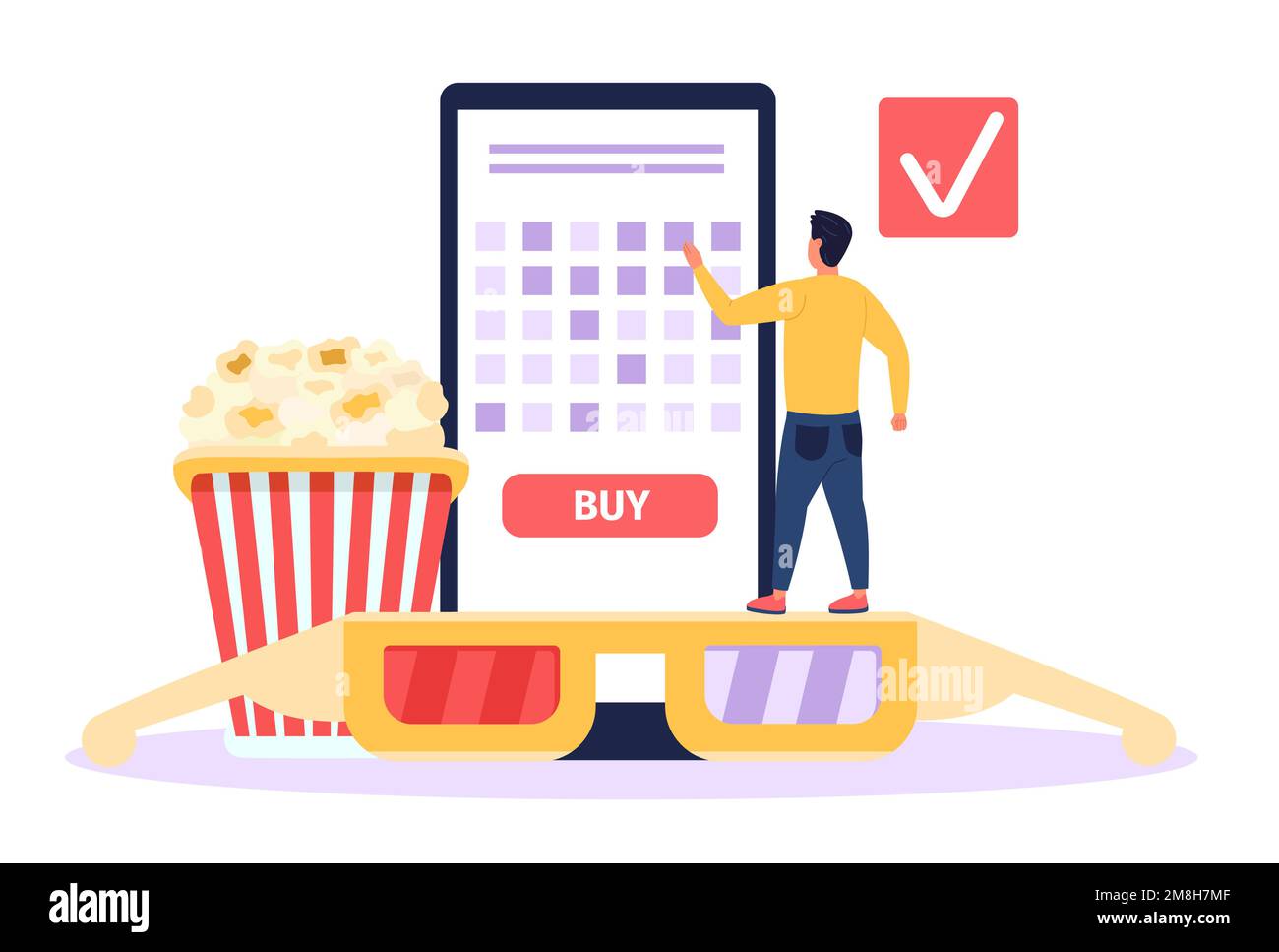 Ein Mann, der online Kinokarten kauft. Winzige Person, die Filmplätze über eine Smartphone-App reserviert. Männliche Figur mit Gadget Stock Vektor