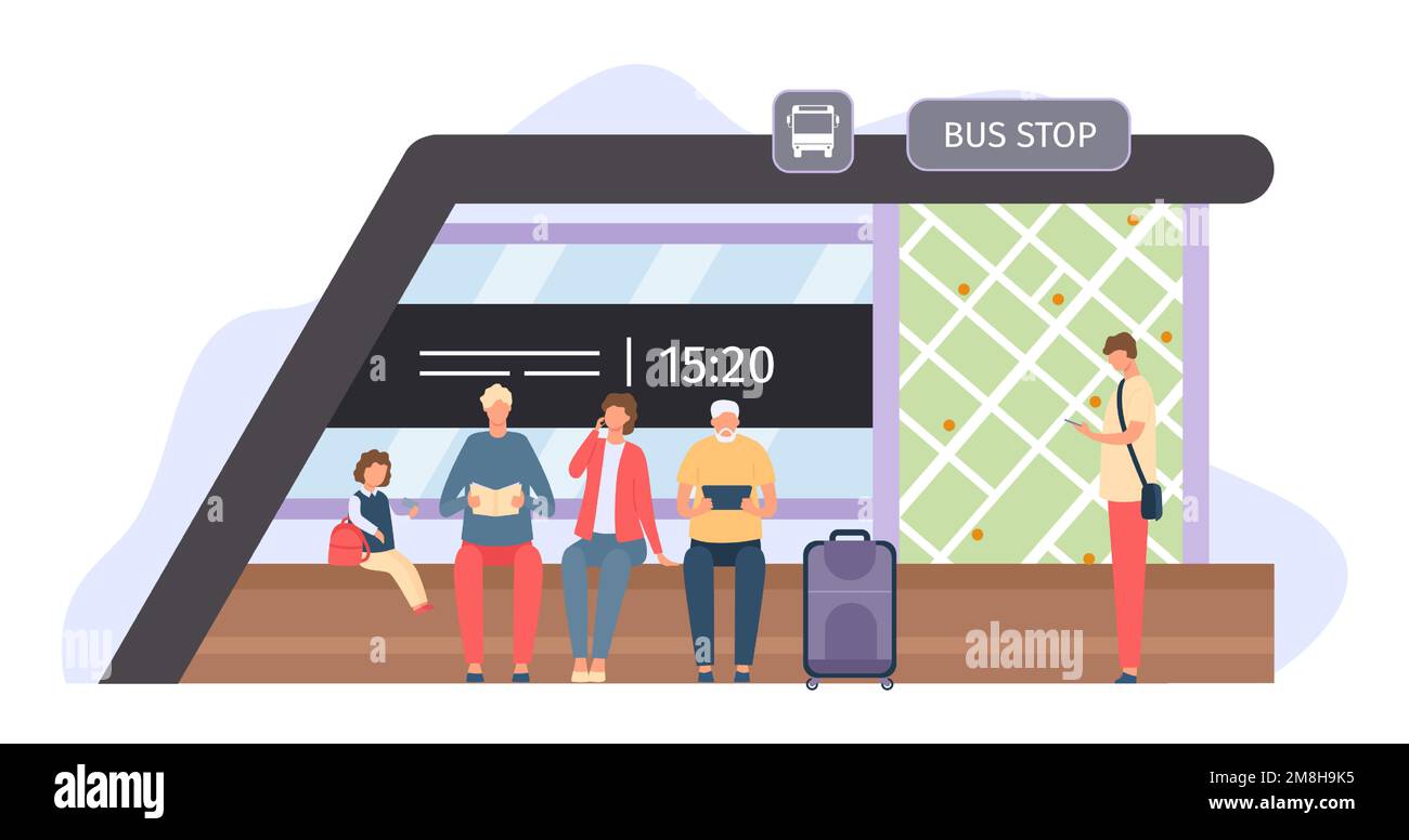 Leute warten an der Bushaltestelle. Weibliche und männliche Passagiere sitzen an einem modernen Bahnhof. Ein Mann steht in der Nähe der Streckenkarte Stock Vektor