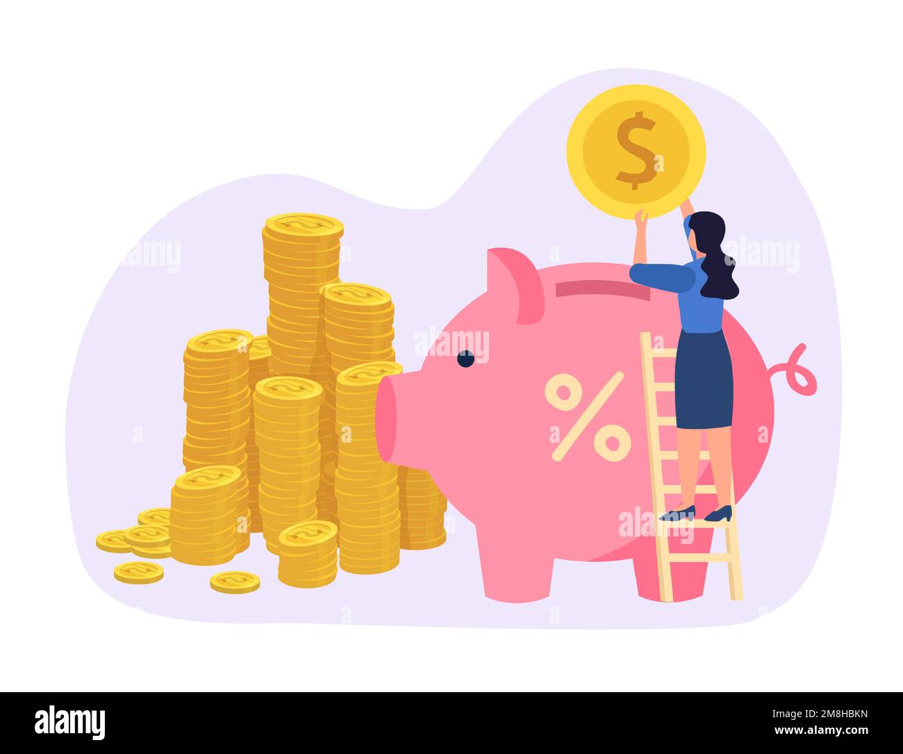 Sparen Sie Geld in Investitionen. Eine Frau, die auf der Leiter steht und Münzen in ein Sparschwein steckt. Ein Haufen Geld, eine weibliche Figur Stock Vektor
