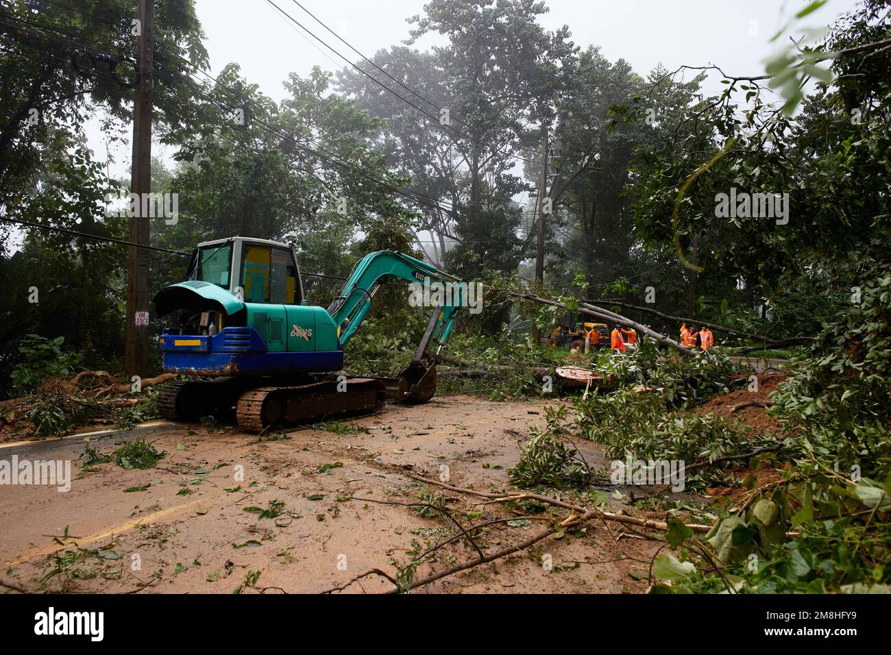 Thailand, Chiangmai, 02 2022. November, eine Blockade auf einer Bergstraße. Ein Bagger reinigt nach einem Hurrikan fallende Bäume. Das Rettungsteam ist bei Stockfoto