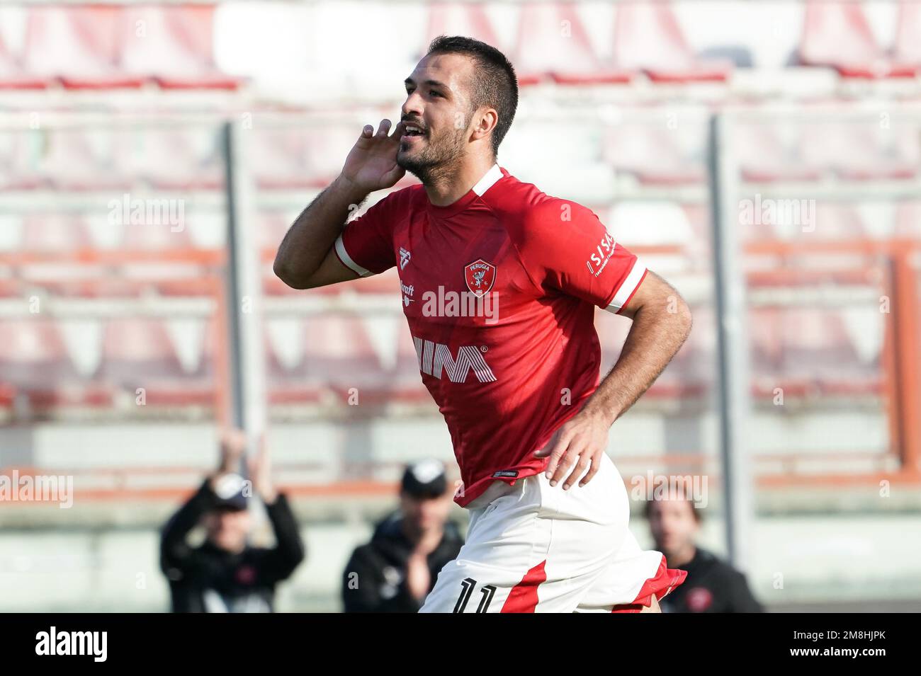 Perugia, Italien. 14. Januar 2023. olivieri marco (n.11 perugia calcio) feiert 3-1 während des AC Perugia vs Palermo FC, italienisches Fußballspiel der Serie B in Perugia, Italien, Januar 14 2023 Kredit: Independent Photo Agency/Alamy Live News Stockfoto