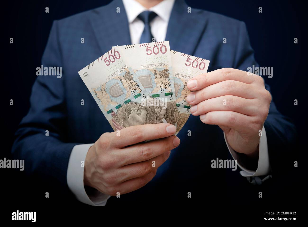 Polnische 500-PLN-Banknoten in der Hand, polnische Währung Stockfoto