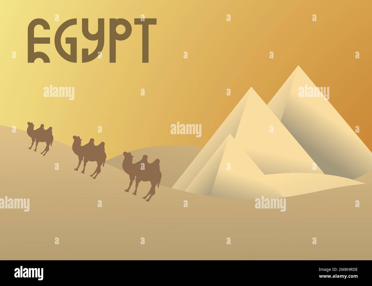 Kamelkarawane in der Nähe der ägyptischen Pyramidenlandschaft. Große Pyramiden von Ägypten in der Wüste vor einem Hintergrund. Trockene Wüste unter der Sonne Stock Vektor