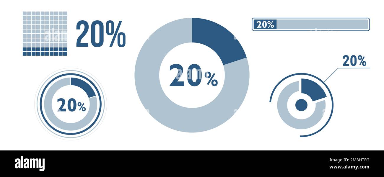 Symbolsatz für zu 20 Prozent geladene Daten. 20 Kreisdiagramm, Ringdiagramm, Fortschrittsbalken. Infografik zu 20 %. Vector Concept Kollektion, Blue CO Stock Vektor