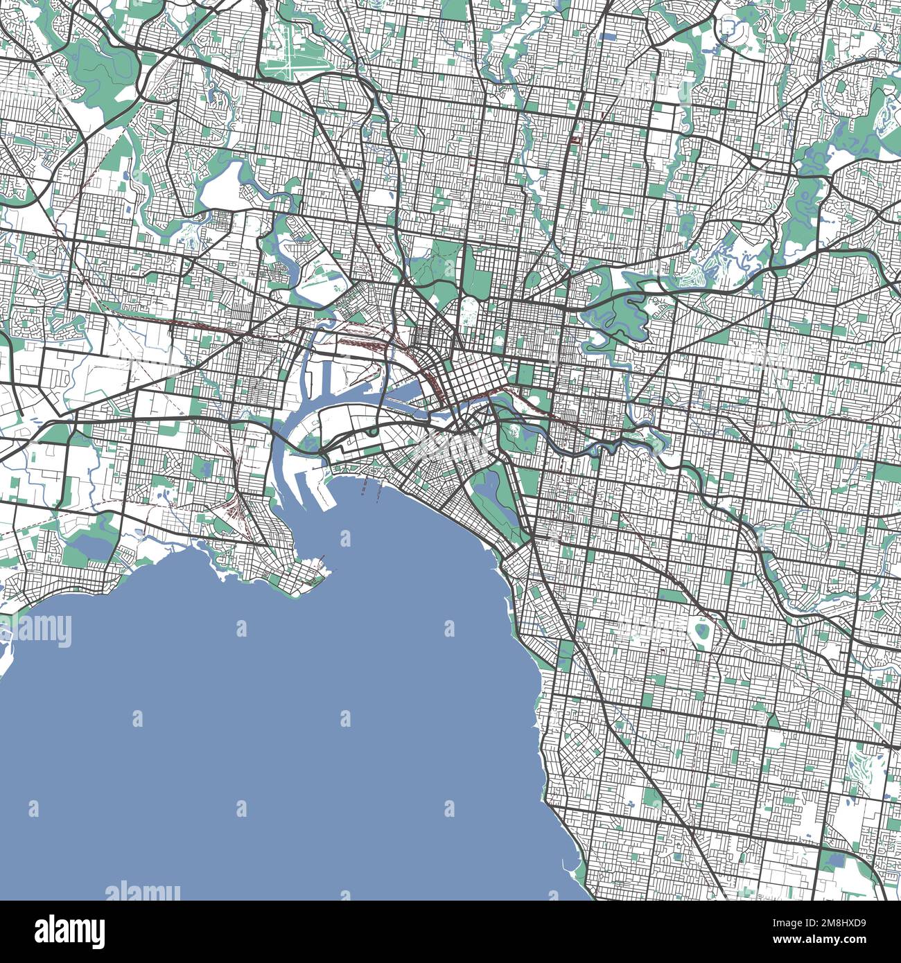 Stadtplan von Melbourne. Detaillierte Karte der Stadtverwaltung von Melbourne. Stadtpanorama. Unentgeltliche Vektordarstellung. Umrisskarte mit Autobahnen, st Stock Vektor