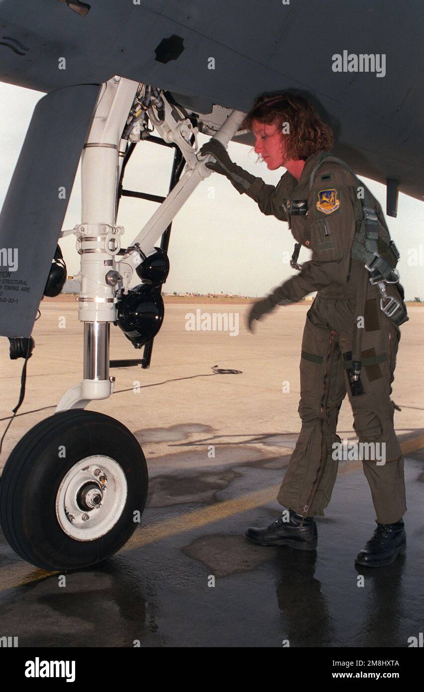 1ST LT. Jeannie Flynn, die erste F-15E-Pilotin, blickt über das Fahrwerk des Flugzeugs. 1ST LT. Flynn wird dem 555. Kampfgeschwader für sechs Monate während der F-15E taktischen Ausbildung zugeteilt. Basis: Luke Luftwaffenstützpunkt Bundesstaat: Arizona (AZ) Land: Vereinigte Staaten von Amerika (USA) Stockfoto