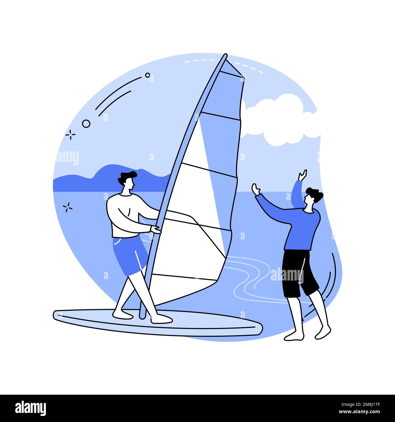 Versuchen Sie, isolierte Cartoon-Vektor-Illustrationen zu Windsurfen. Mann, der Windsurfen mit Lehrer studiert, Sommerurlaub, Wassersport, Reisen tim Stock Vektor