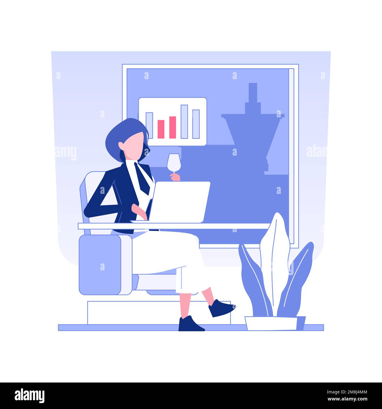 Vektordarstellung des isolierten Konzepts für den Tagesdienst. Lächelnde Frau mit Laptop, die am Flughafen arbeitet, Business-Class-Reisen, Abflughalle, Pass Stock Vektor