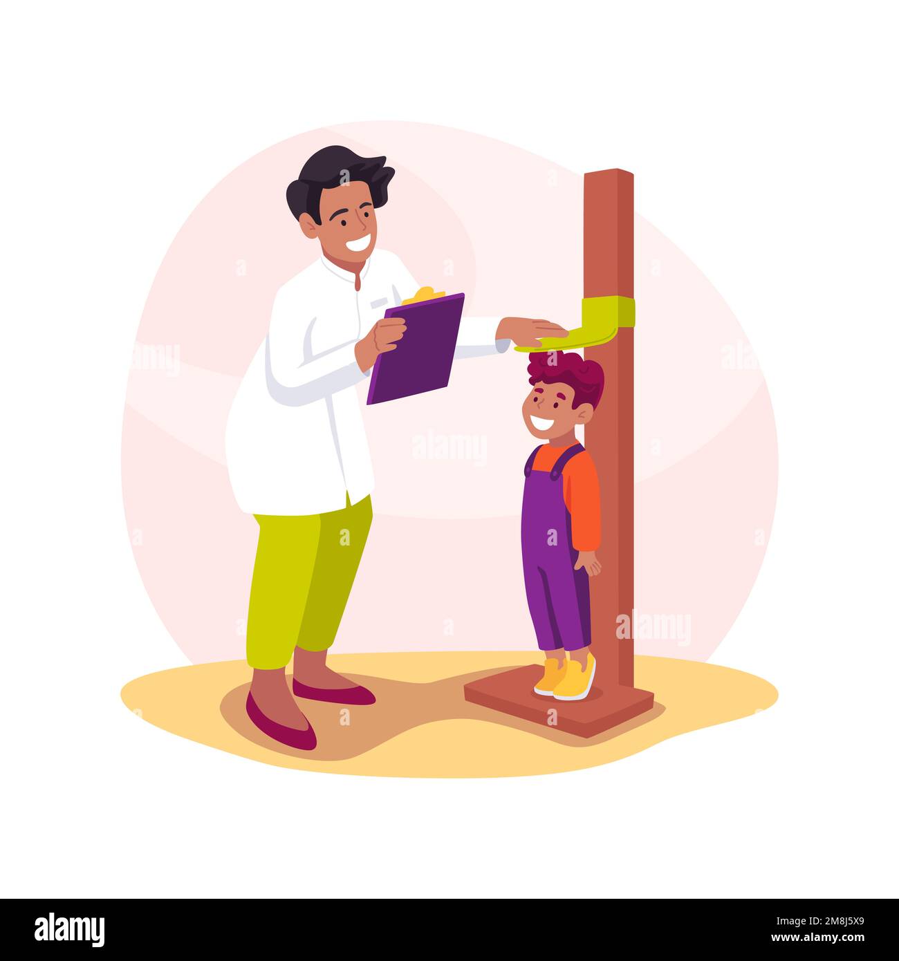 Körpermessungen isolierte Cartoon-Vektor-Illustration. Familiengesundheit, Arzt zur Messung von Größe und Gewicht eines Kleinkindes, gesunde Körperparameter des Kindes, Stock Vektor