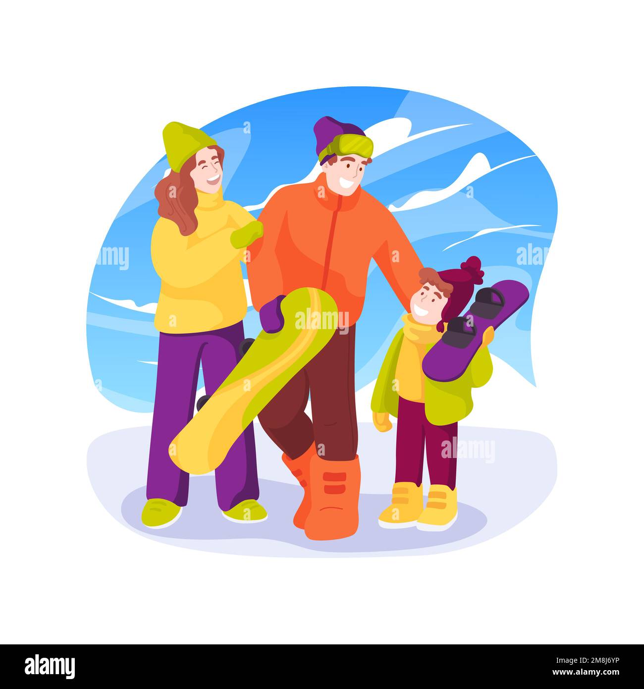 Familien-Snowboarden, isolierte Cartoon-Vektordarstellung. Glückliche Familienmitglieder Snowboarden zusammen, Leute aktiver Lebensstil, körperliche Aktivität, Leis Stock Vektor