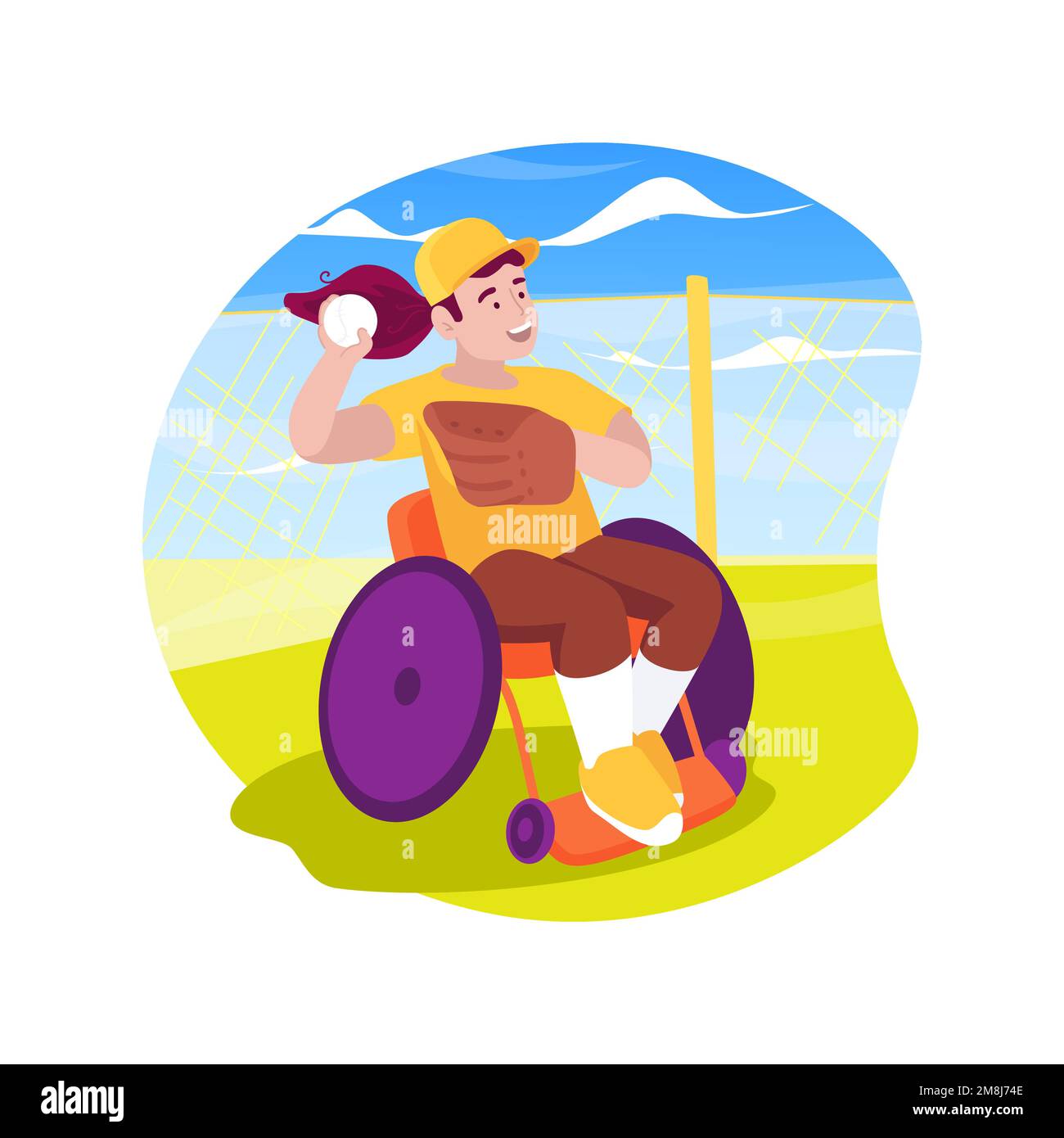 Baseball-isolierte Cartoon-Vektordarstellung. Behindertes Kind in einem Rollstuhl mit spezieller Ausrüstung, Baseball spielen, Behindertenleben, phy Stock Vektor