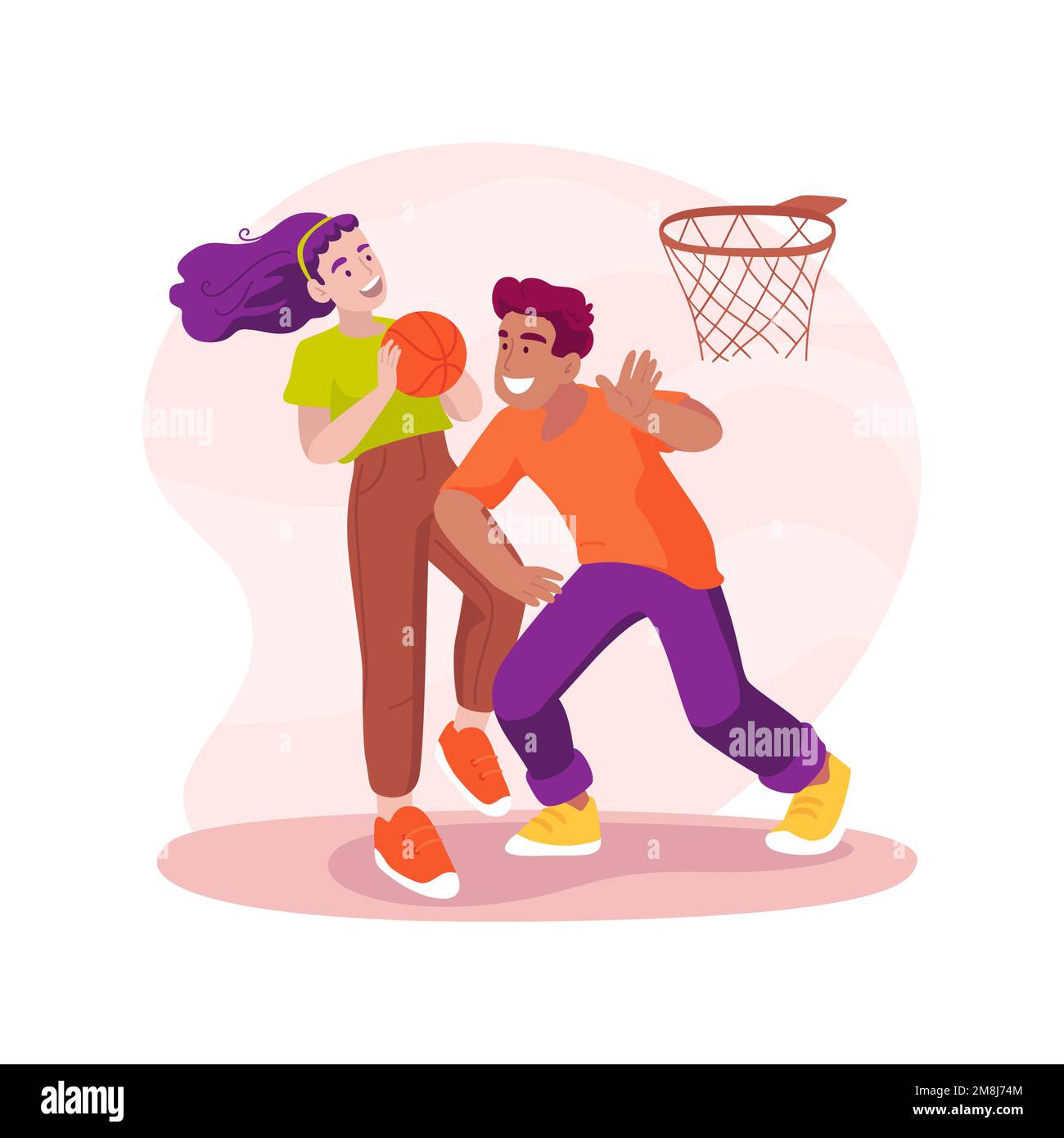 Basketball-isolierte Cartoon-Vektordarstellung. Gemeindebasketballspielplatz, junge Leute spielen, Vorstadthäuser im Hintergrund, Nachbarschaft sp Stock Vektor