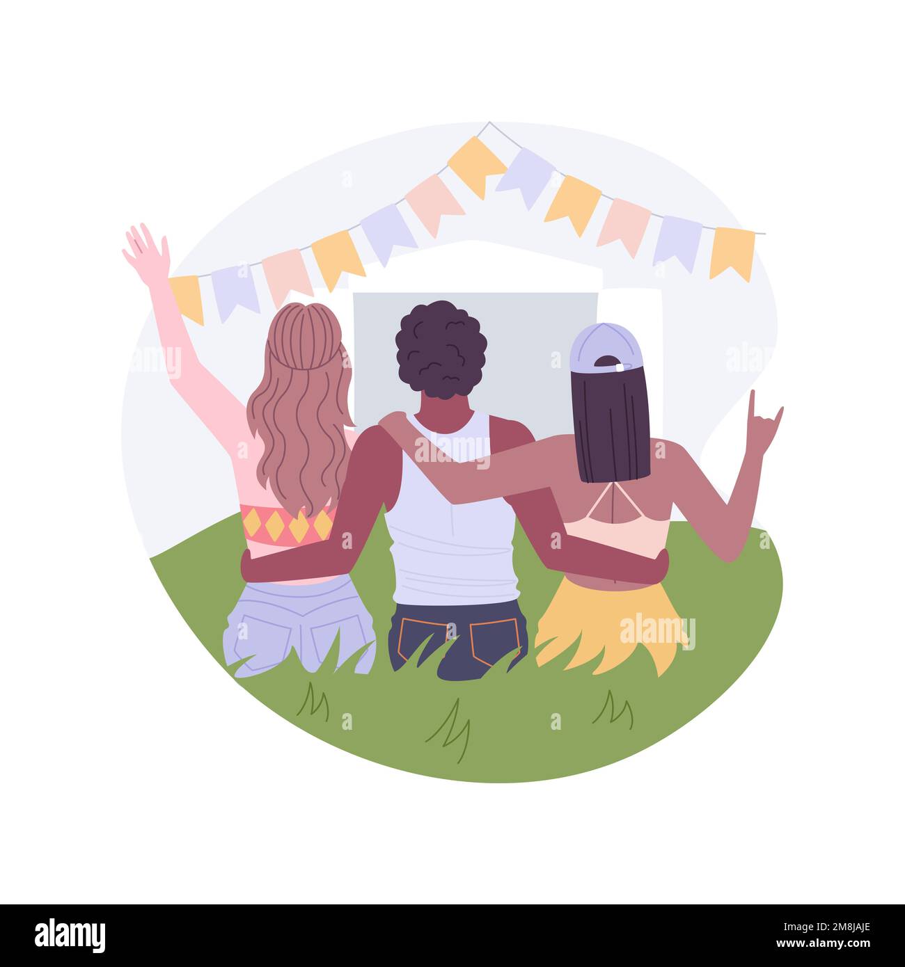 Open-Air-Festival isolierte Cartoon-Vektorbilder. Junge Freunde, die zusammen auf einem Stadtfestival abhängen, Open-Air-Konzert, Sommerwochenende, rein Stock Vektor