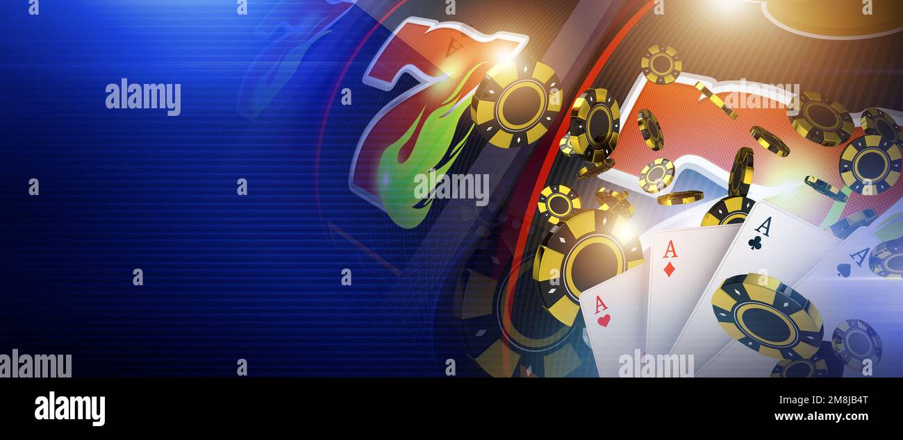 3D – Dark Blue Vegas Casino-Banner mit Textbereich auf der linken Seite. Spielautomat, Spielautomaten und Poker-Karten. Stockfoto