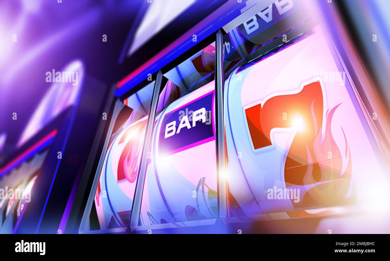 Casino-Spiele Einhändige Bandit Slot Machines 3D gerenderte Illustration. Slot Reels Nahaufnahme. Stockfoto