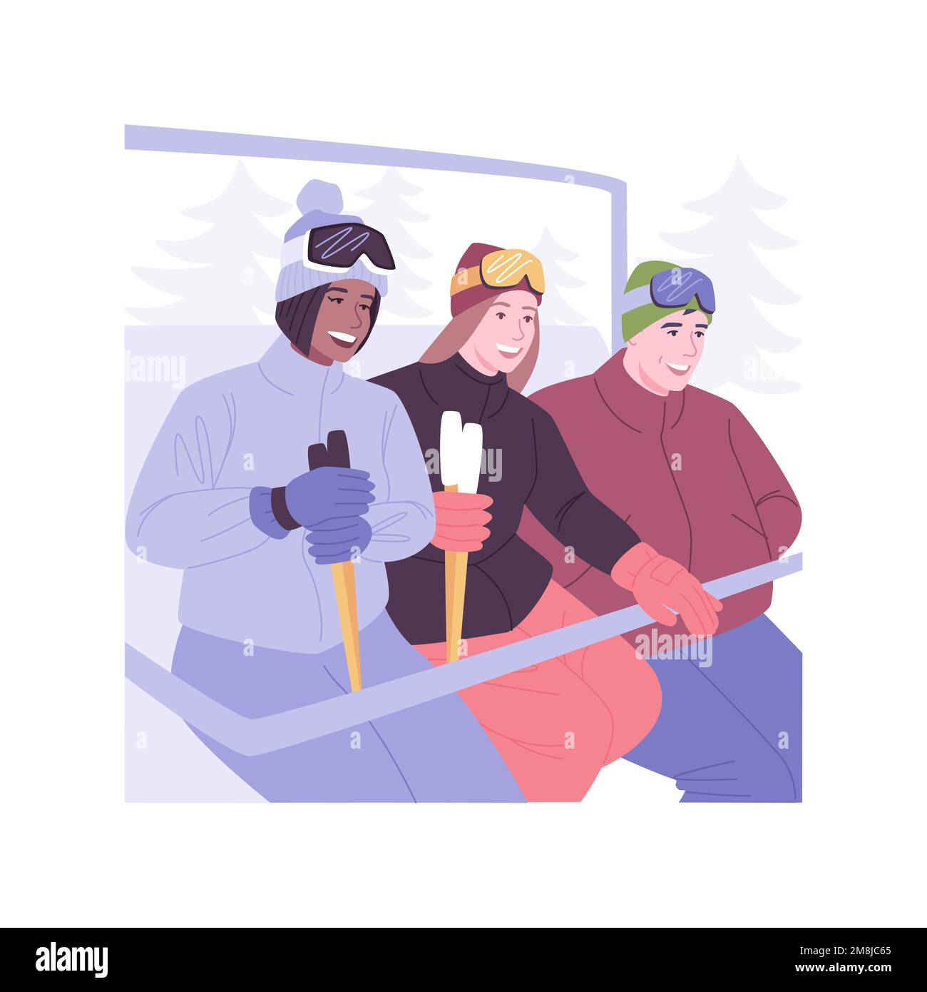 Skilift isolierte Cartoon-Vektor-Illustrationen. Lächelnde Menschen fahren in den Winterferien mit der Seilbahn, haben Spaß zusammen auf dem Skilift, verschneite Weben Stock Vektor