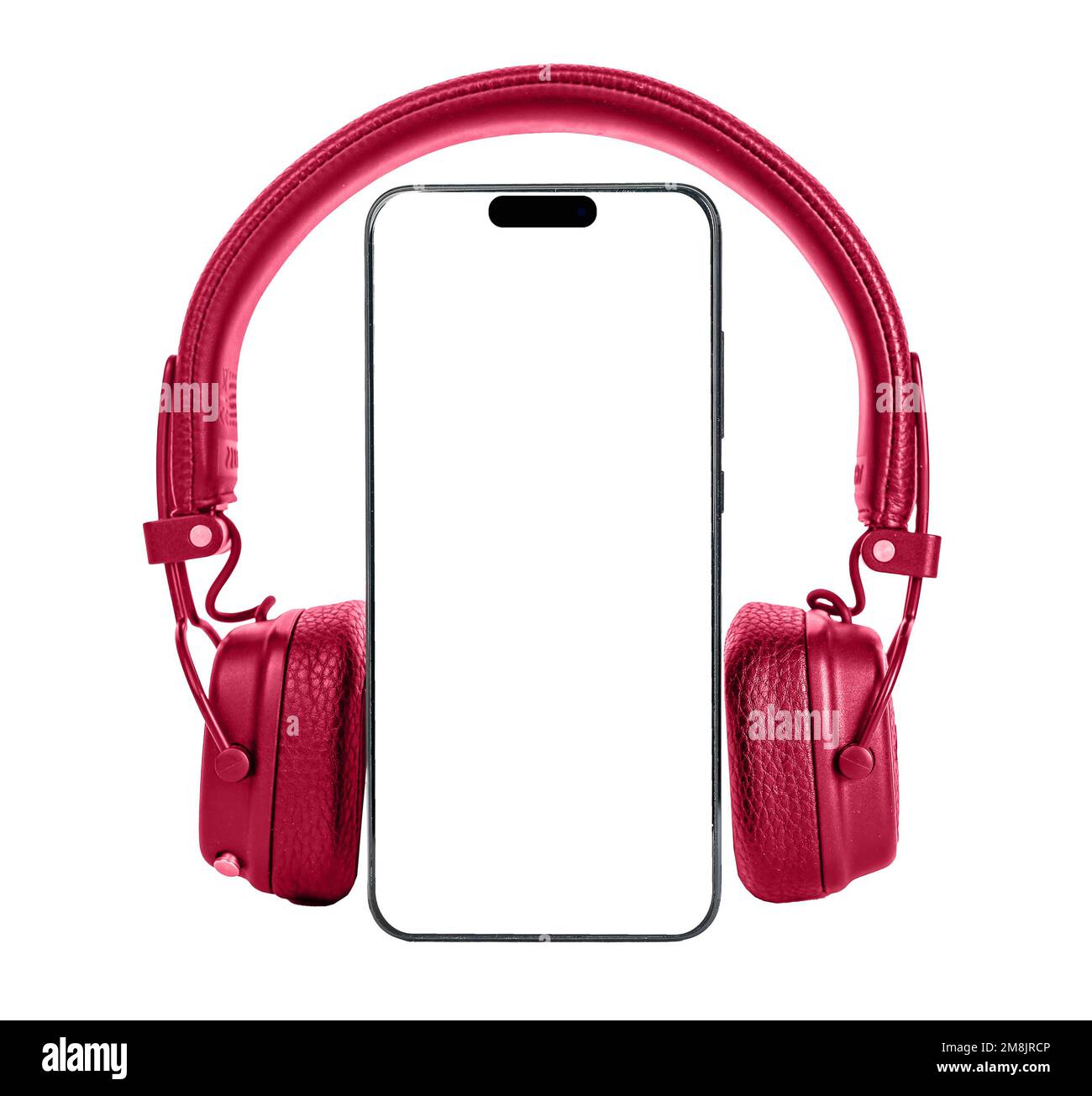 Bildschirmmodell des Mobiltelefons, rote Kopfhörer isoliert auf weißem Hintergrund. Smartphone-Display-Modell und Kopfhörer zum Musikhören, Audioanwendungen Stockfoto